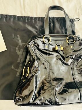 Yves Saint Laurent Black Patent Leather Tote with Gold Hardware